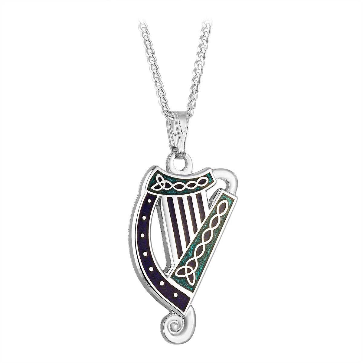 Rhodium BOK Blue Enamel Harp Pendant