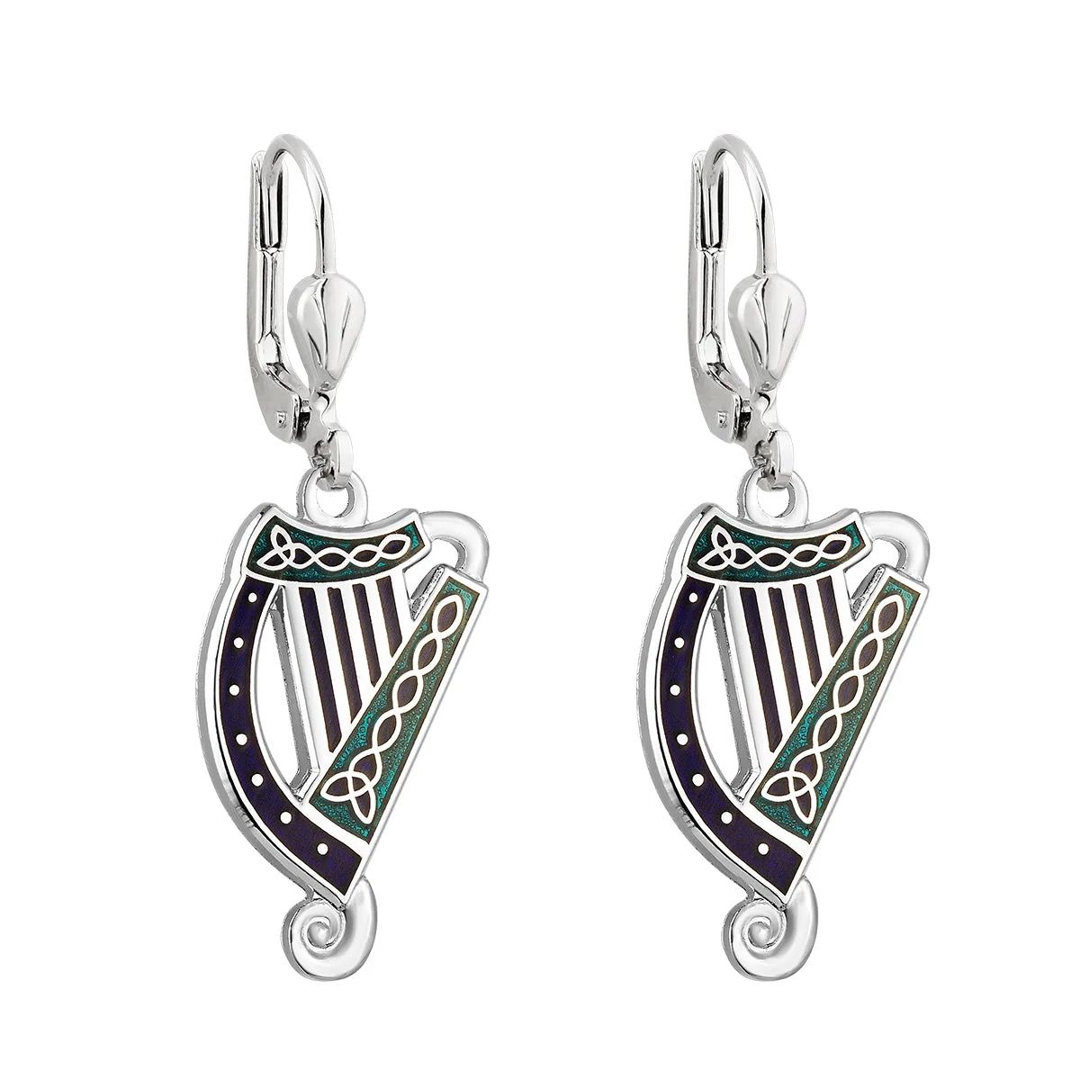 Rhodium BOK Blue Enamel Harp Earrings