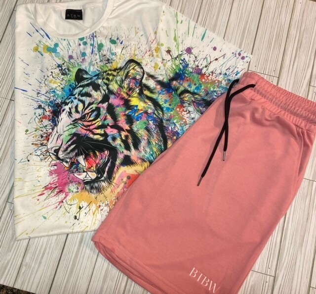 BTBW Multi Color Tiger Print Shirt & Peach Short SET