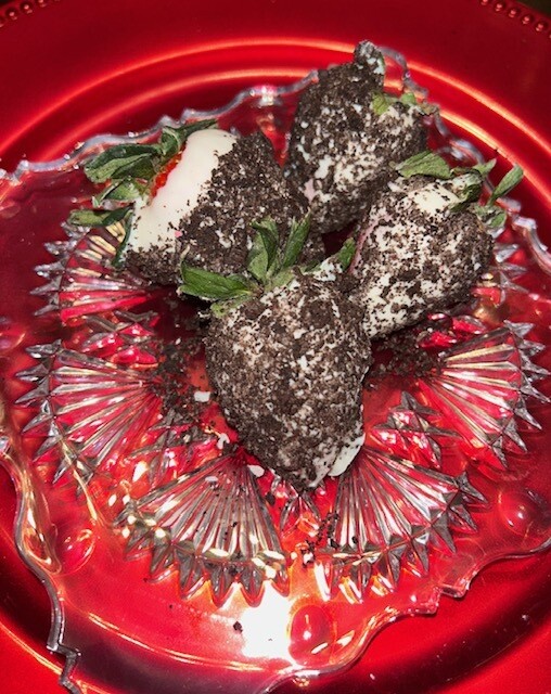 Oreo crusted white chocolate dipped strawberries