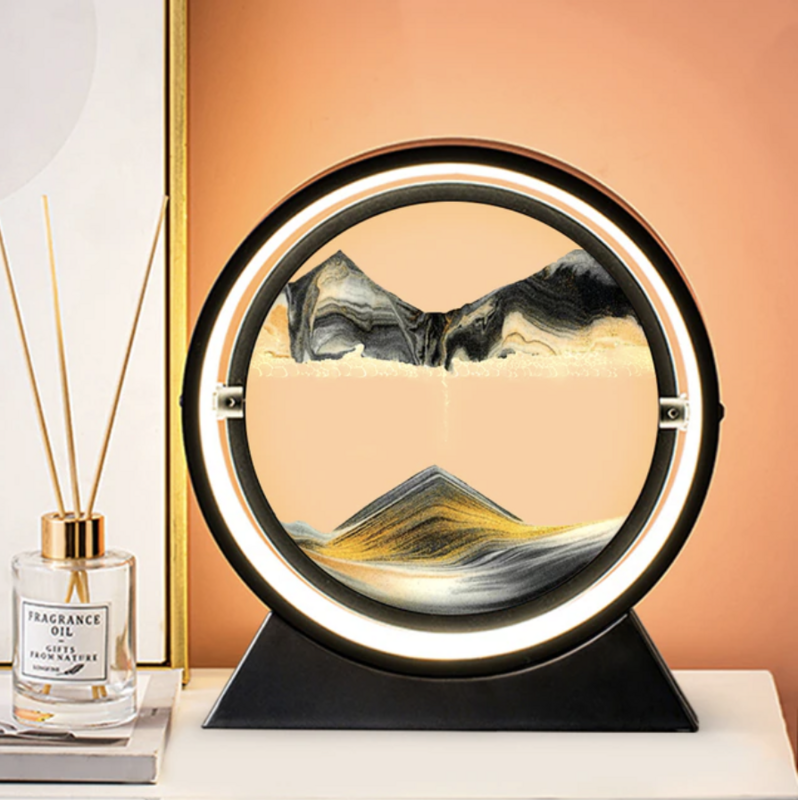 Moving Sand Art Picture Round Glass 3D Hourglass Deep Sea Sandscape in Motion Display Flowing Sand Frame 7 &amp; 12inch for Home Decor (USB Yellow,12 inch)