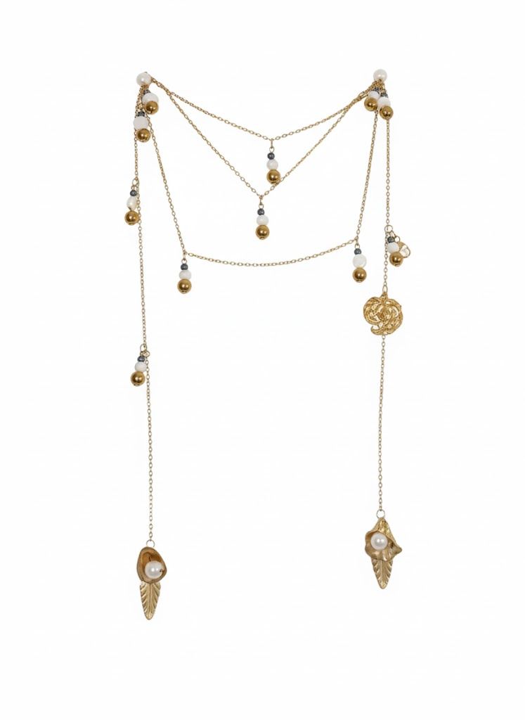 COLLAR  Y CINTURON 2 METROS DE LARGO, CADENA Y COMPONENTE  EN   CHAPA DE ORO. CON  CUENTAS DE  HEMATITAS PERLAS Y MADRE PERLA