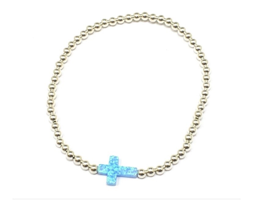 Blue Opalite Cross Beaded Bracelet, Colour: Silver