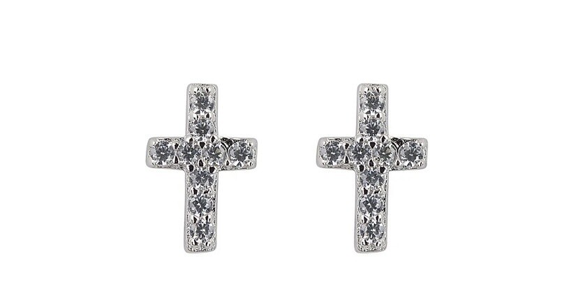 CZ Small Cross Stud Earrings, Colour: Silver