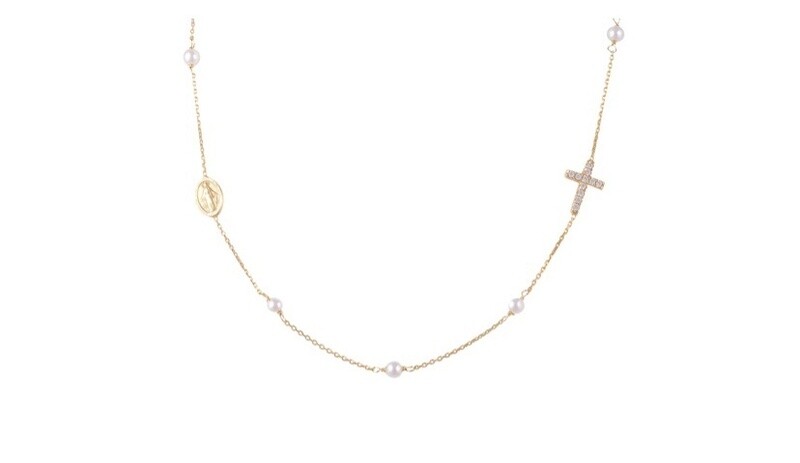 Pearl &amp; CZ Round Rosary Necklace
