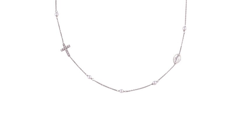 Pearl &amp; CZ Round Rosary Necklace, Colour: Silver