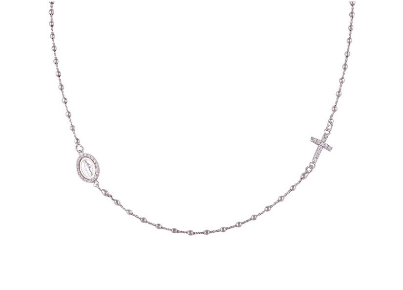 CZ Madonna &amp; Cross Round Rosary Necklace, Colour: Silver