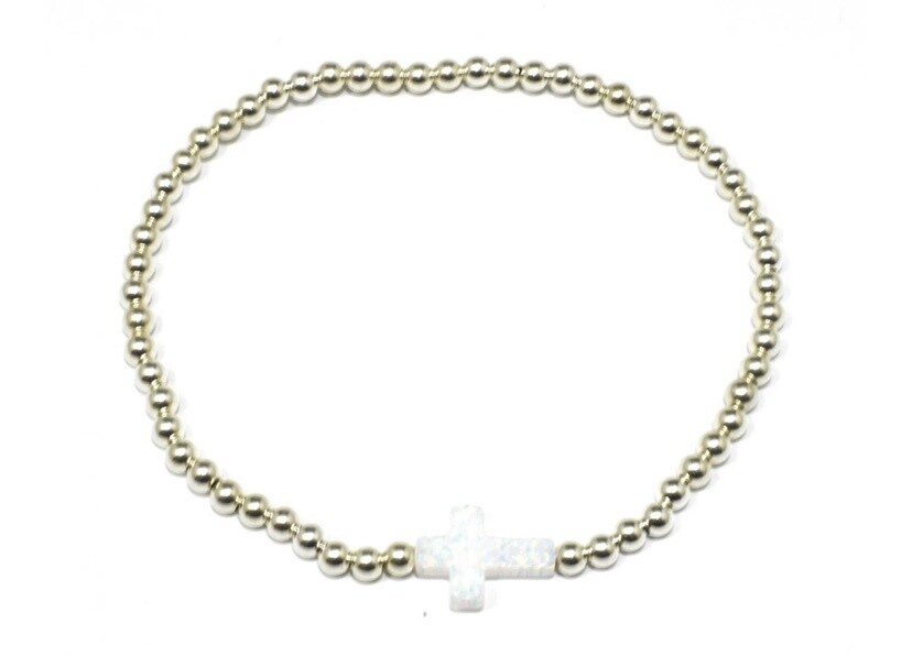 White Opalite Cross Beaded Bracelet, Colour: Silver