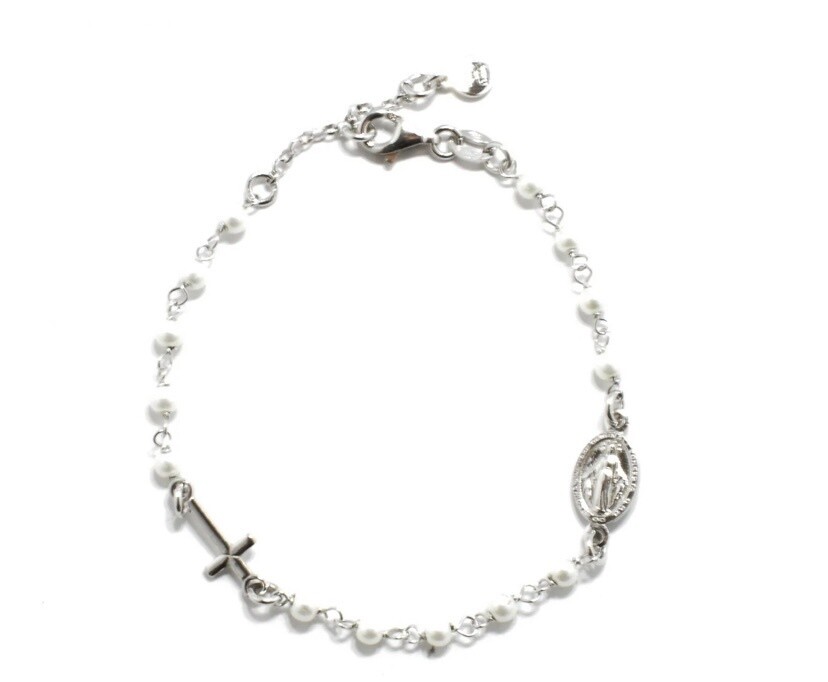 Sara White Pearl Rosary Chain Bracelet, Colour: Silver