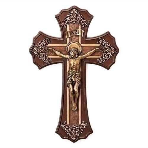 10.25" Victorian Style Crucifix, Oak And Antique Gold Finish