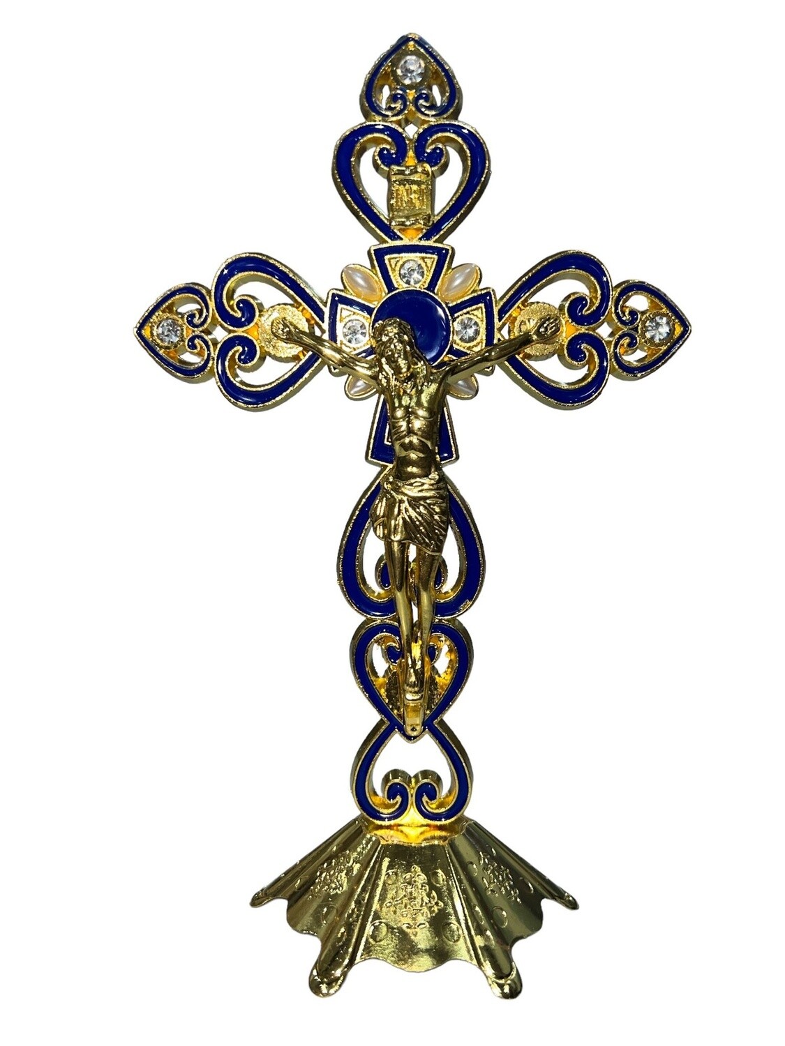 Metal Cross with Stand - Beaded, Colour &amp; Style: Gold  Blue