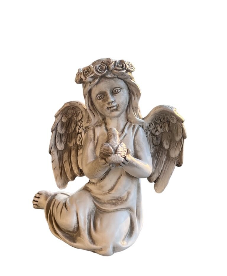 20 cm Sitting Angel Holding Bird Statue