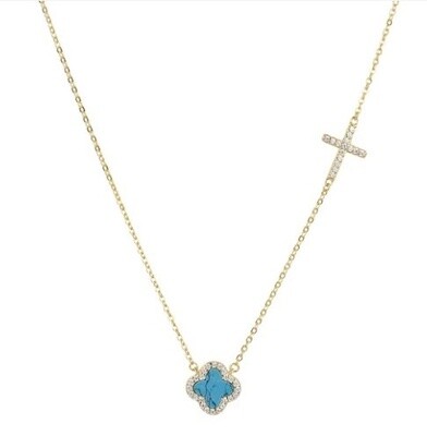 AVE CELINA TURQUOISE CRYSTAL CLOVER AND CROSS NECKLACE