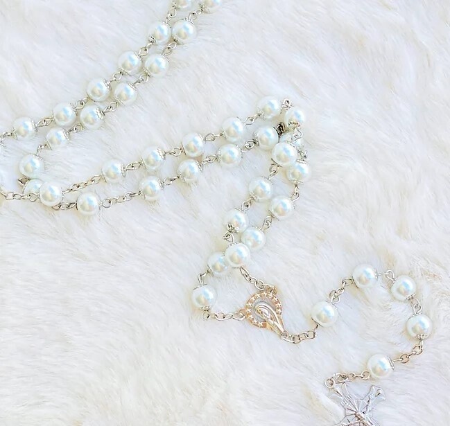 SS -White Pearl Silver Rosary, Size: 57 cm 8mm