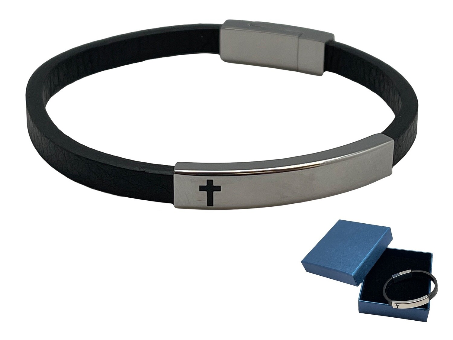 STAINLESS STEEL LEATHER BRACELET WITH CROSS