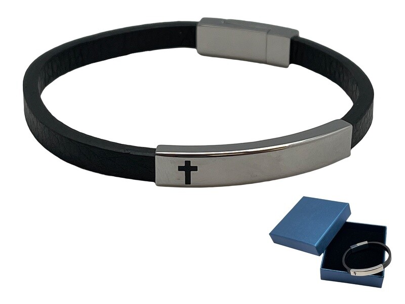 STAINLESS STEEL LEATHER BRACELET WITH CROSS