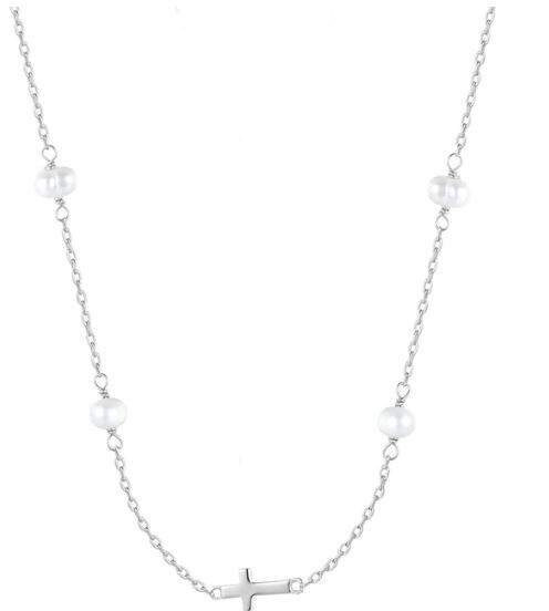 AVE MIKALA CROSS PEARL BEADED NECKLACE, Colour: Silver