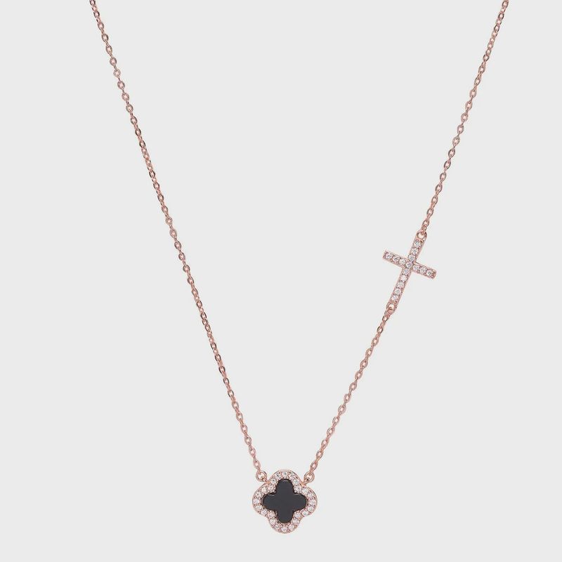 AVE NOIR BLACK CLOVER AND CRYSTAL CROSS NECKLACE