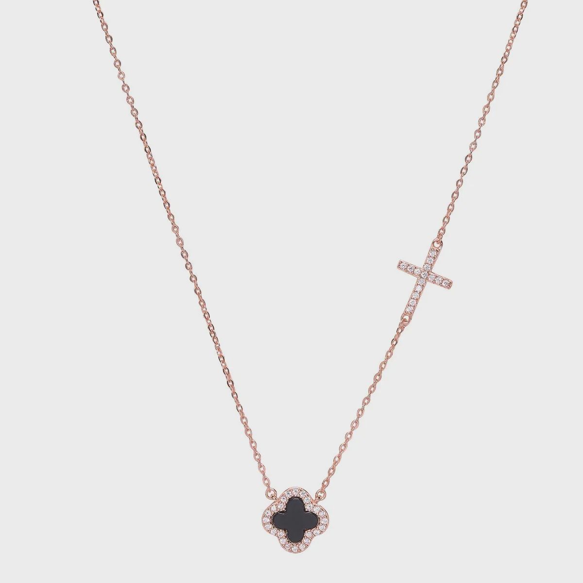 AVE NOIR BLACK CLOVER AND CRYSTAL CROSS NECKLACE, Colour: ROSE GOLD