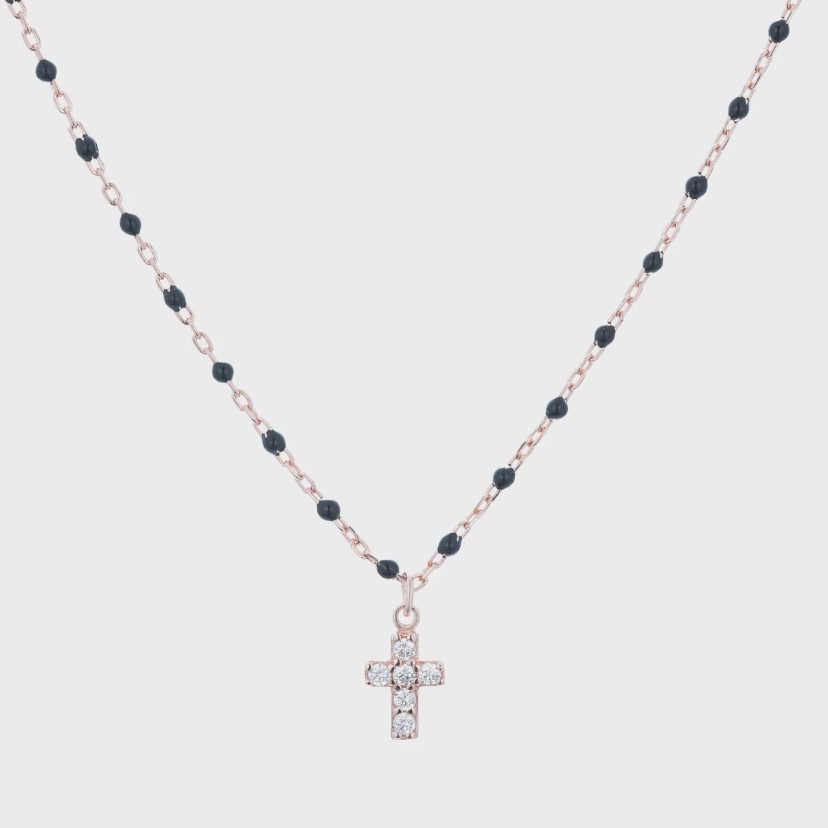 AVE AMARI MINI CROSS BLACK BEADED NECKLACE, Colour: ROSE GOLD