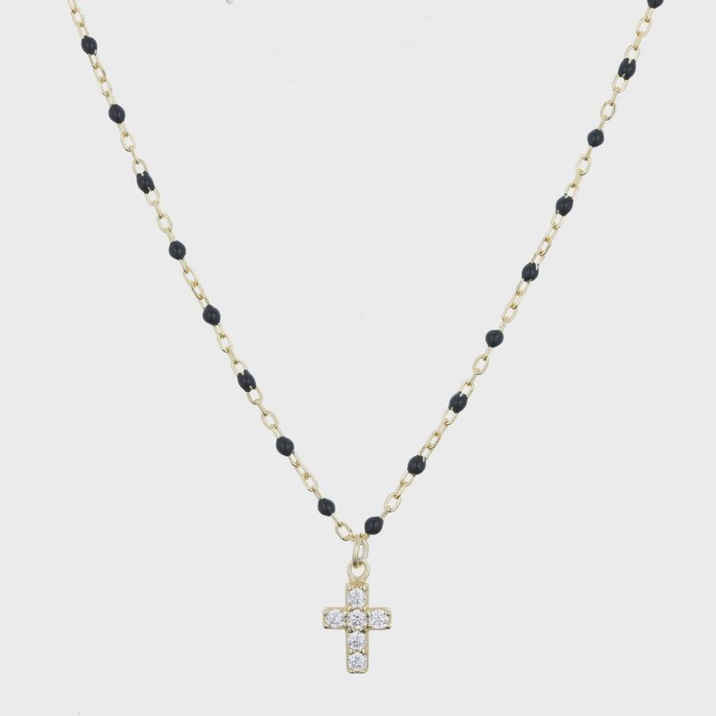 AVE AMARI MINI CROSS BLACK BEADED NECKLACE
