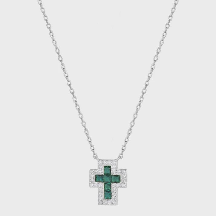 AVE SARAI EMERALD CROSS NECKLACE, Colour: SILVER