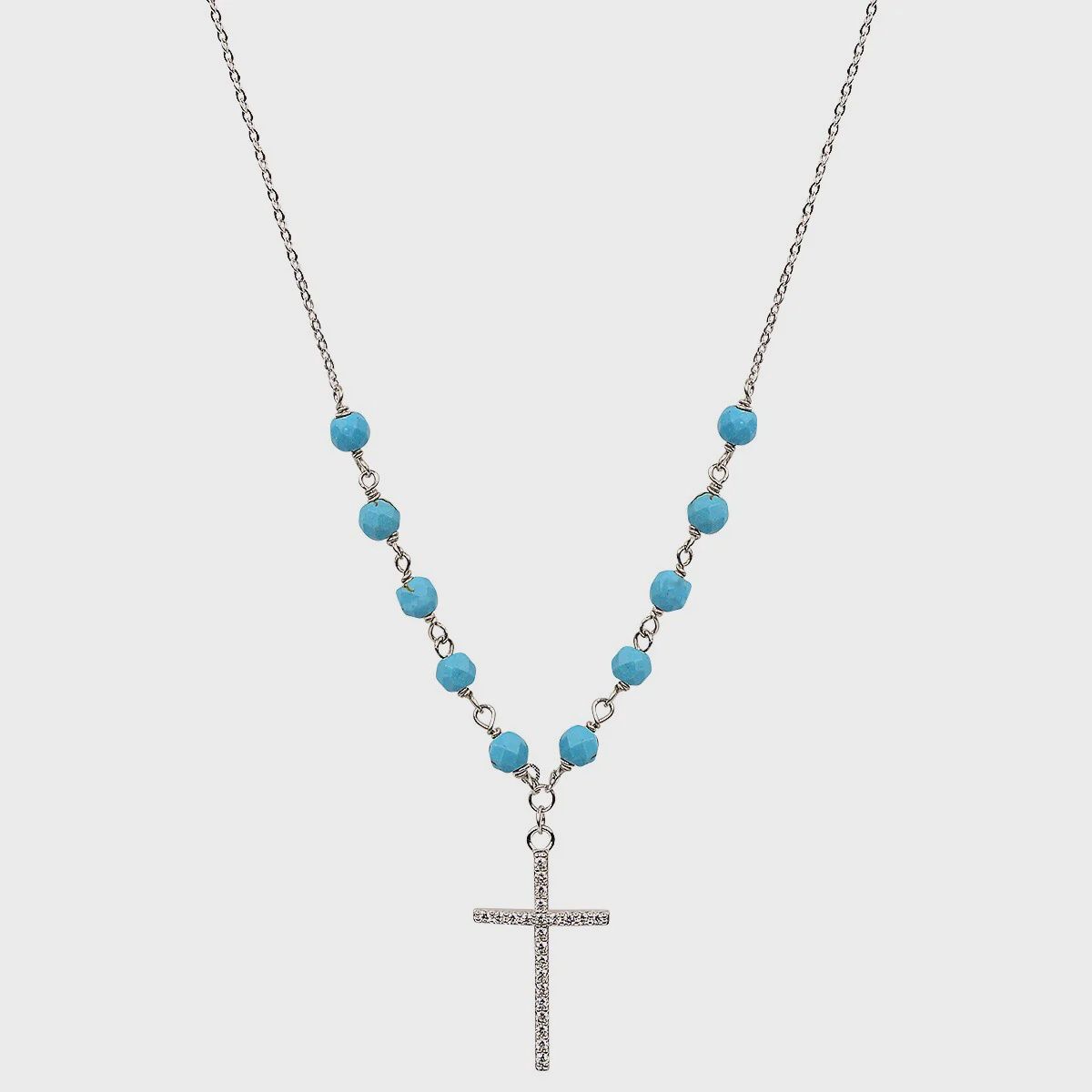 AVE TURQUOISE BEADED CROSS NECKLACE, Colour: SILVER