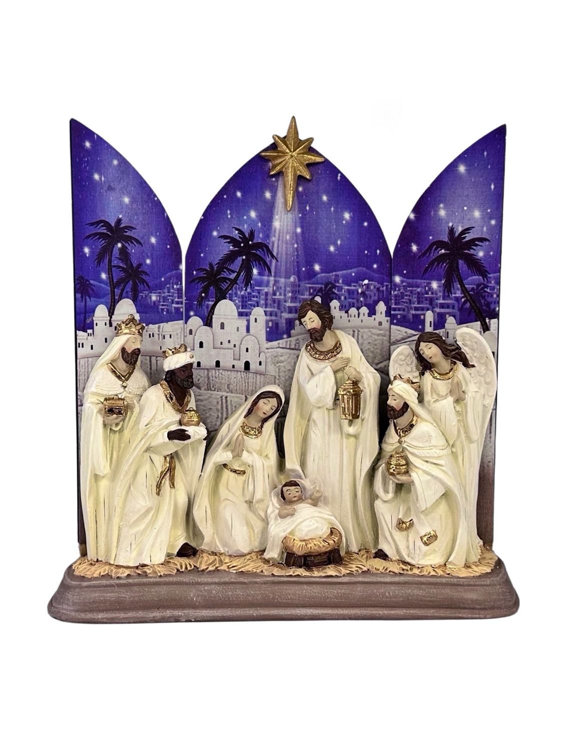 Nativity Set in White w/Blue Background