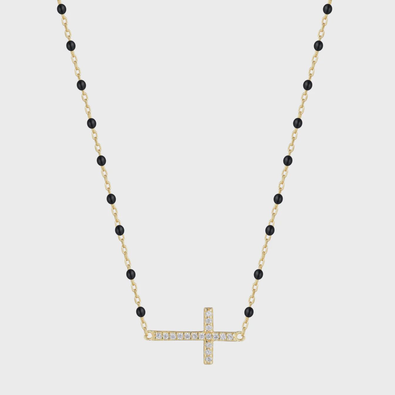 AVE VANESSA CROSS BLACK BEADED NECKLACE, Colour: GOLD