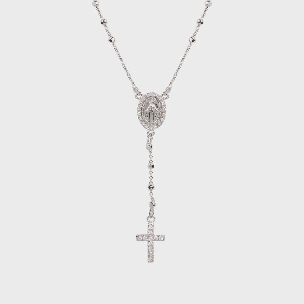 Angelica CZ Madonna &amp; Cross Rosary Necklace, Colour: Silver