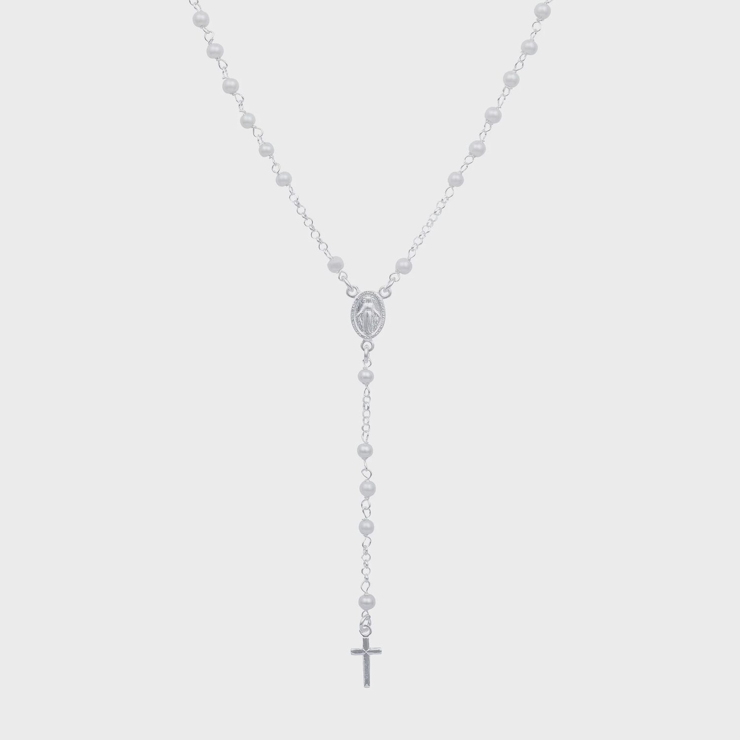 Isabelle Pearl Long Rosary Necklace, Colour: Silver