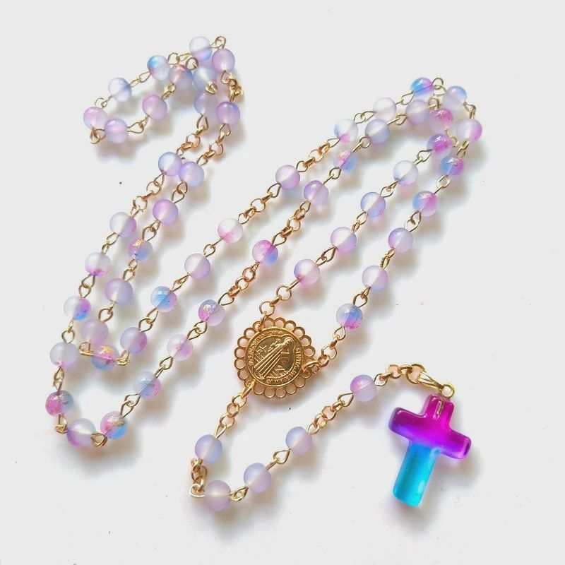 Rosary Made of Colourful Glass Beads Featuring The St. Benedict Medal