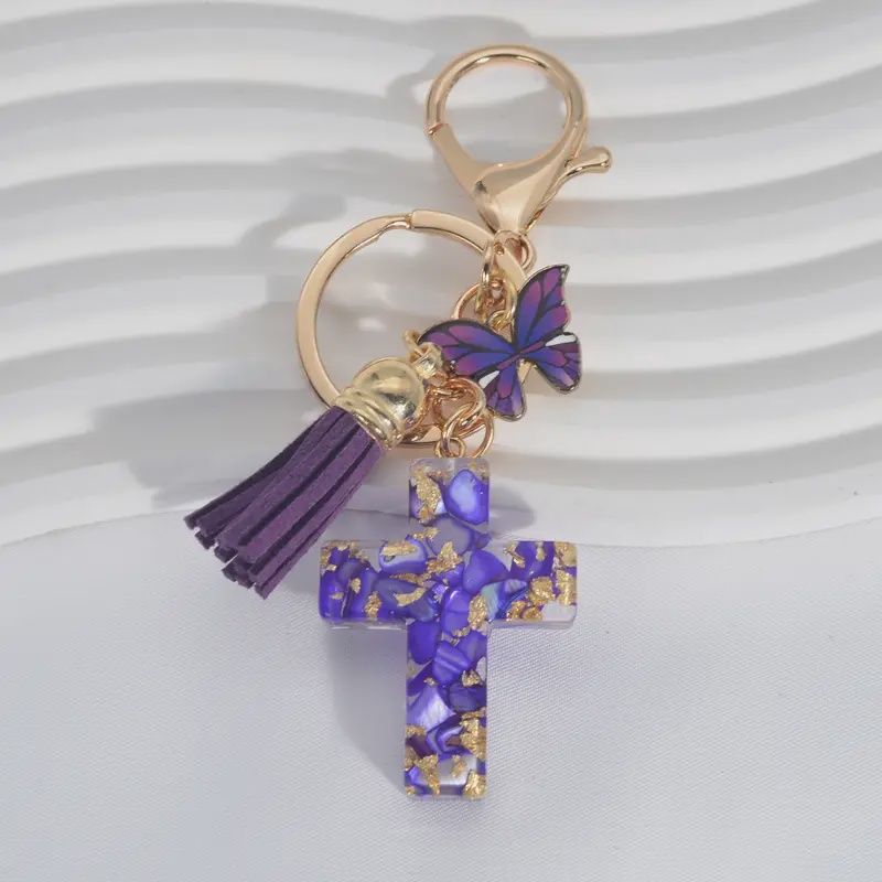 Resin Cross with Charm Keychain, Colour: Purple