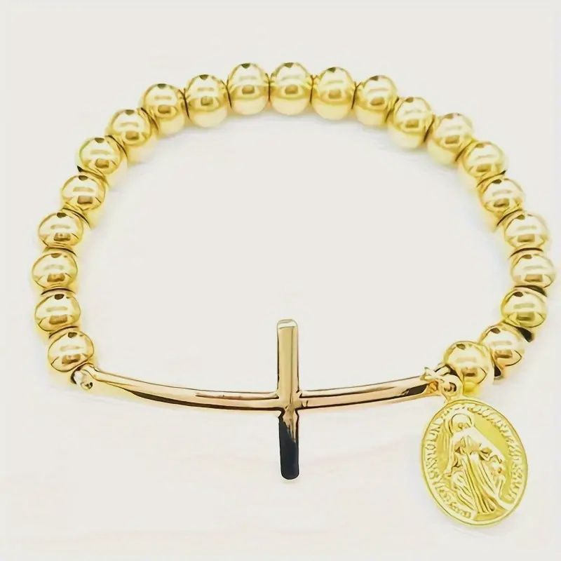 8mm Beaded Bracelet with Cross and Mary Charm, Colour: Gold