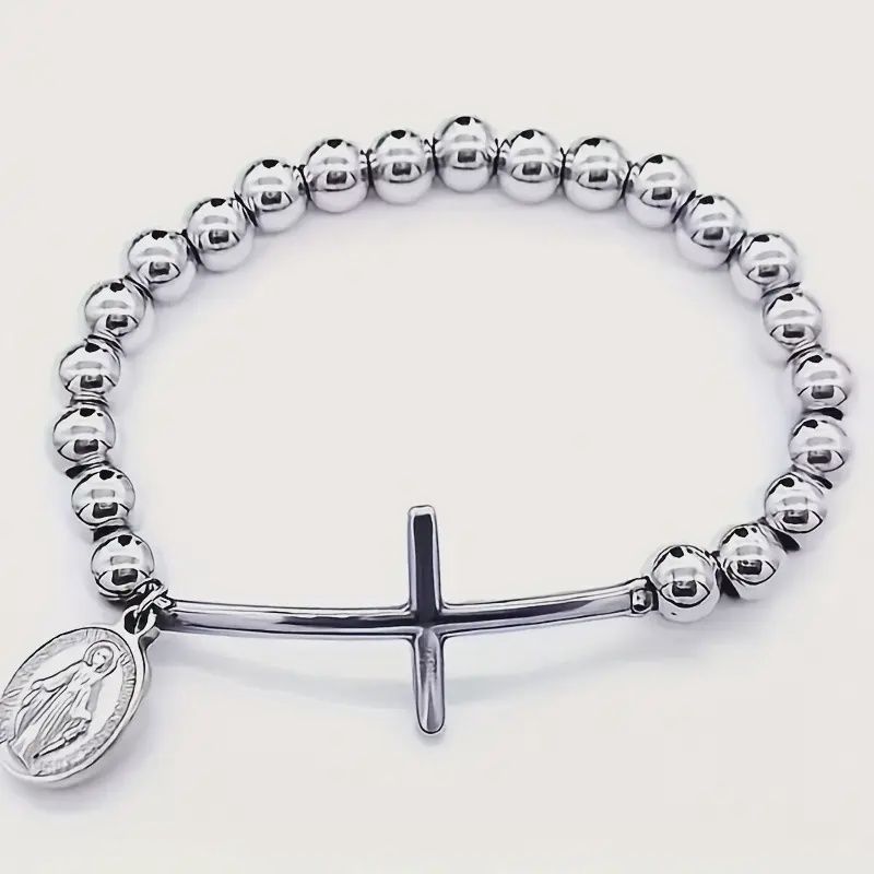 8mm Beaded Bracelet with Cross and Mary Charm