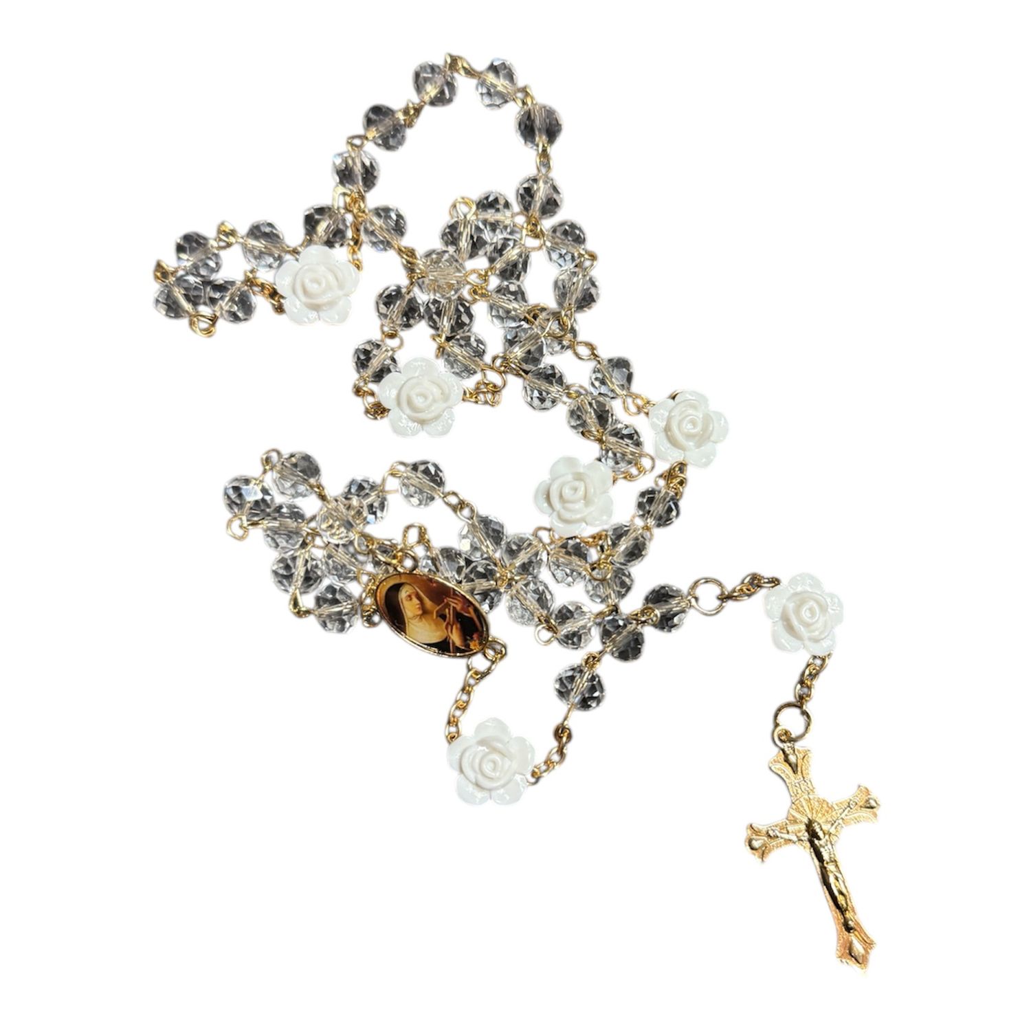 St Rita White Roses Gold Crystal Rosary