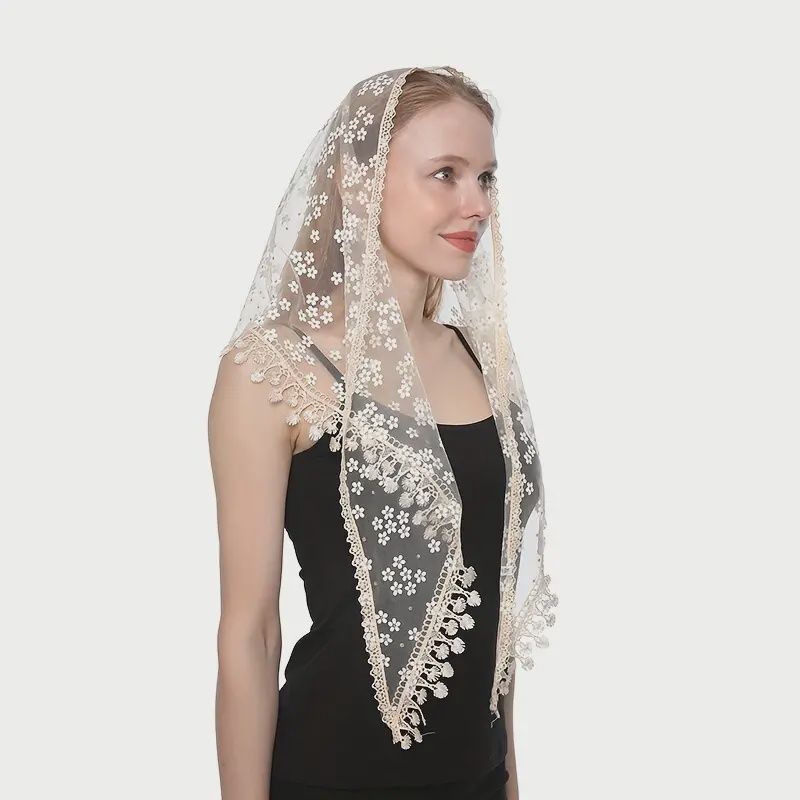 Daisy Embroidered Lace Veil, Colour: Beige