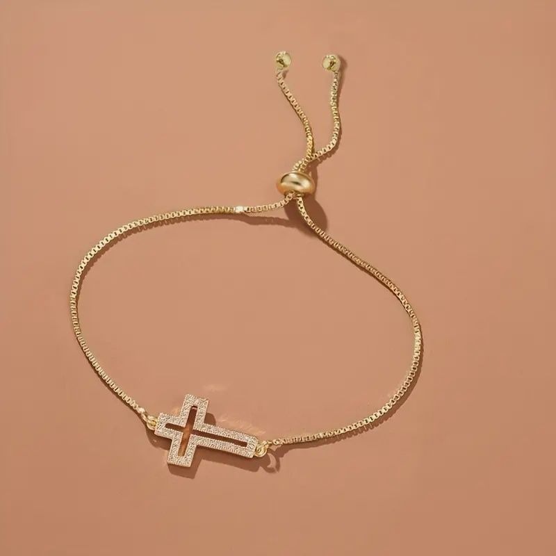Hollow Cross Bracelet with Sparkling Cubic Synthetic Zirconia, Colour: Gold