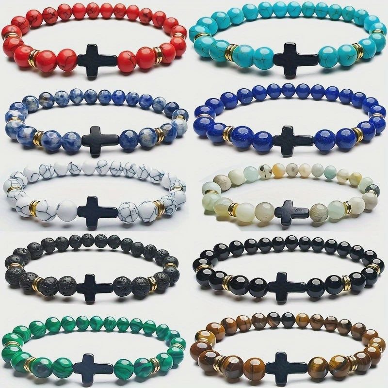 Natural Stone 8mm Beaded Cross Bracelet Mix Colours