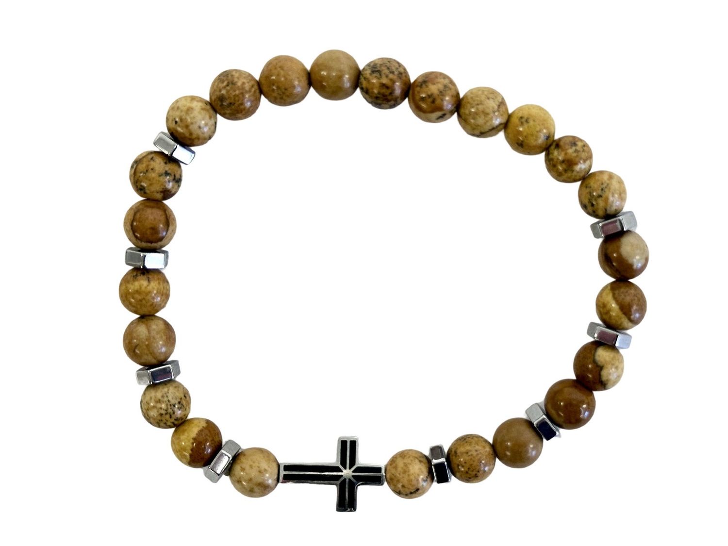 Precious Stone Bracelet with Stainless Steel Cross - Mens