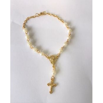 Small Car Rosary White Gold Rose