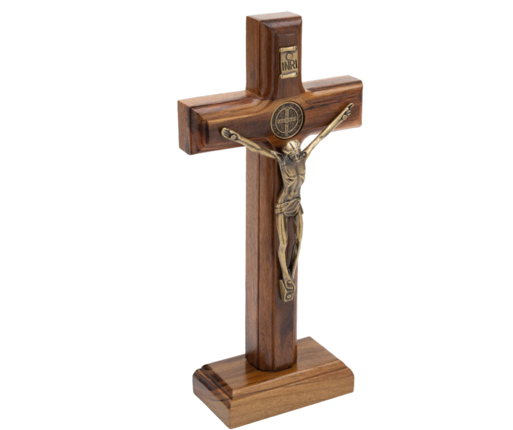St Benedict Antique Gold Crucifix with Stand 17cm