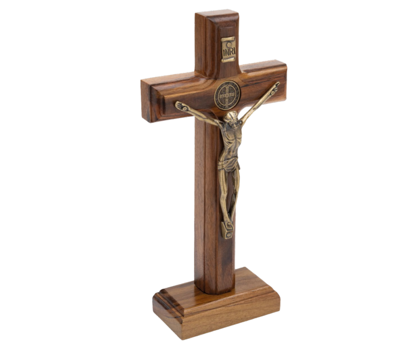 St Benedict Antique Gold Crucifix with Stand 17cm