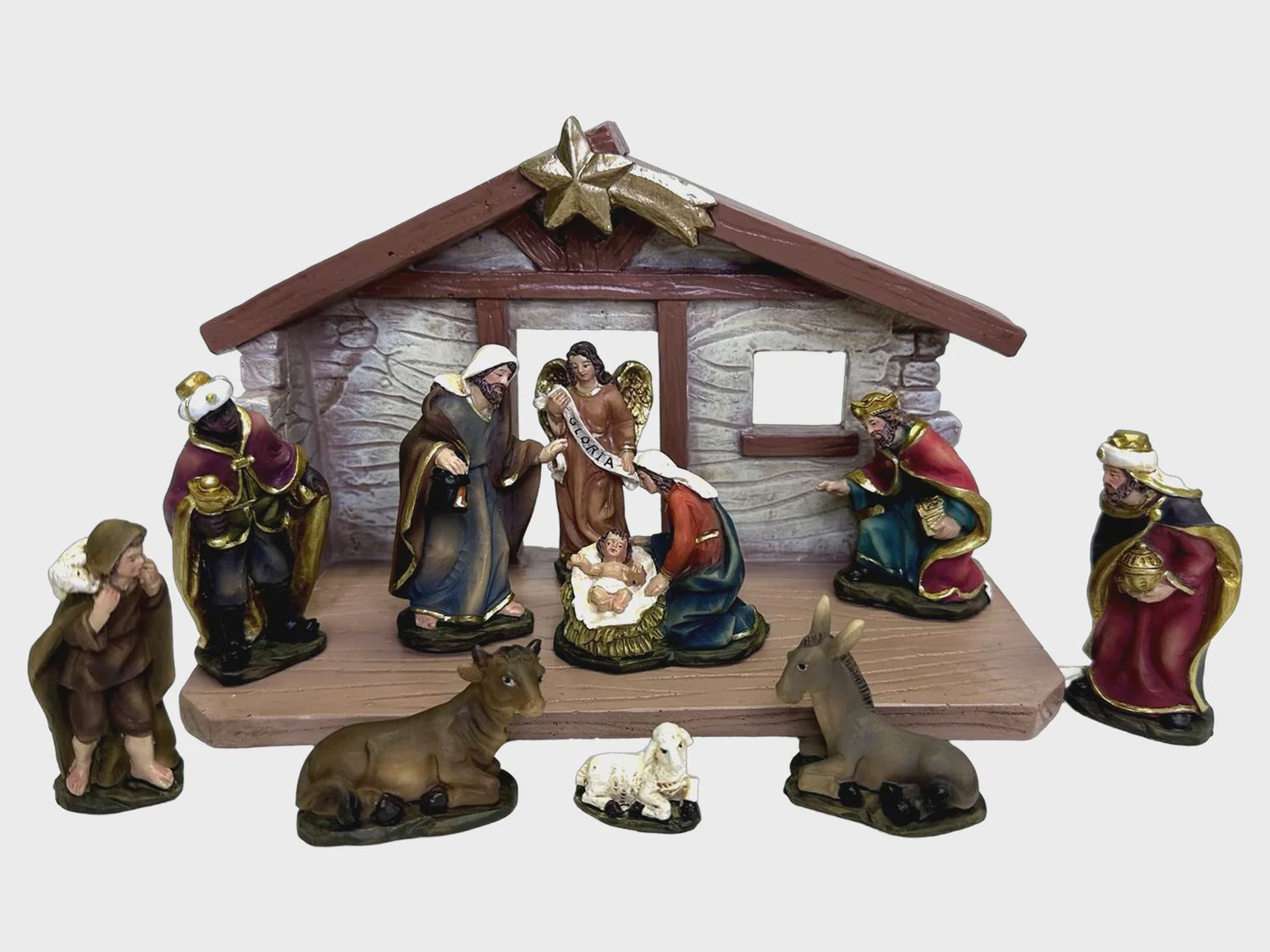 Nativity Set &amp; Stable Resin - 11 Pieces 75mm