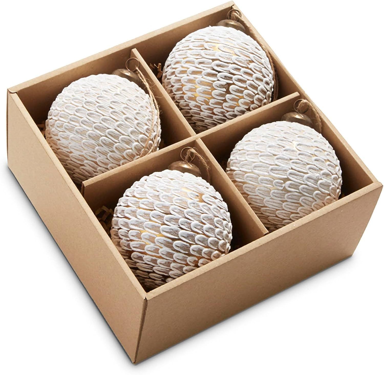Festive Feather Textured White 3&quot; Glass Ornament Box of 4