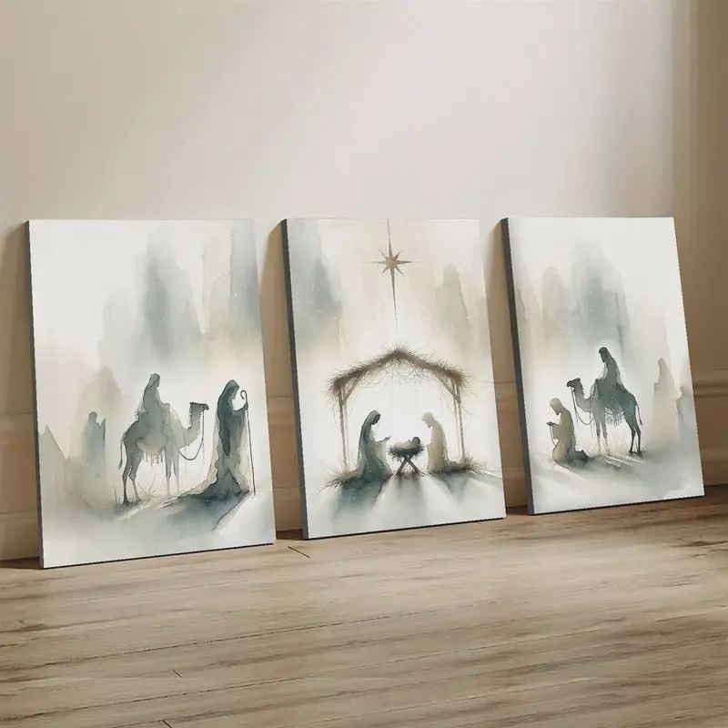 29.97*39.88cm 3pcs Set Nativity Scene Canvas Wooden Frame