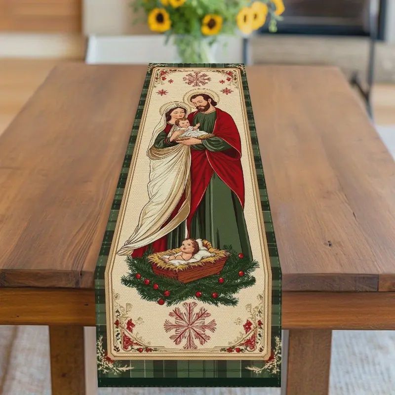 Polyester Christmas Table Runner, Size &amp; Style: 33x183cm Nativity / Green And White Checkered Pattern