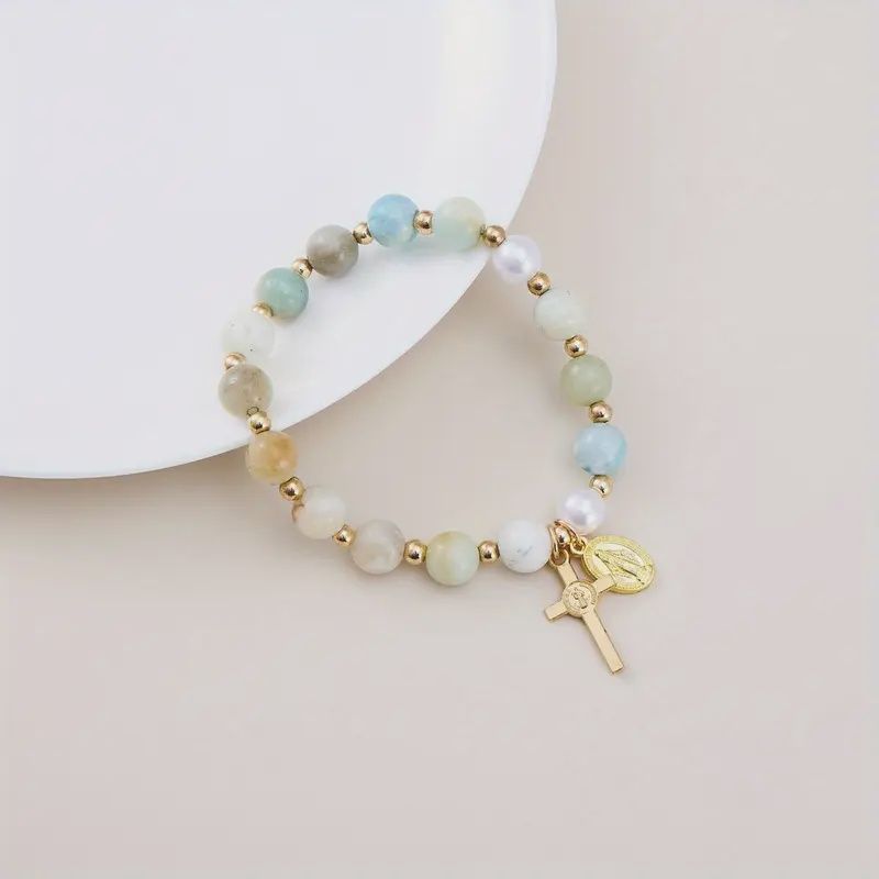 Golden Cross with Miraculous Pastel Beaded Bracelet