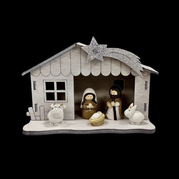 All In One Nativity Set - Wood Stable - 100mm