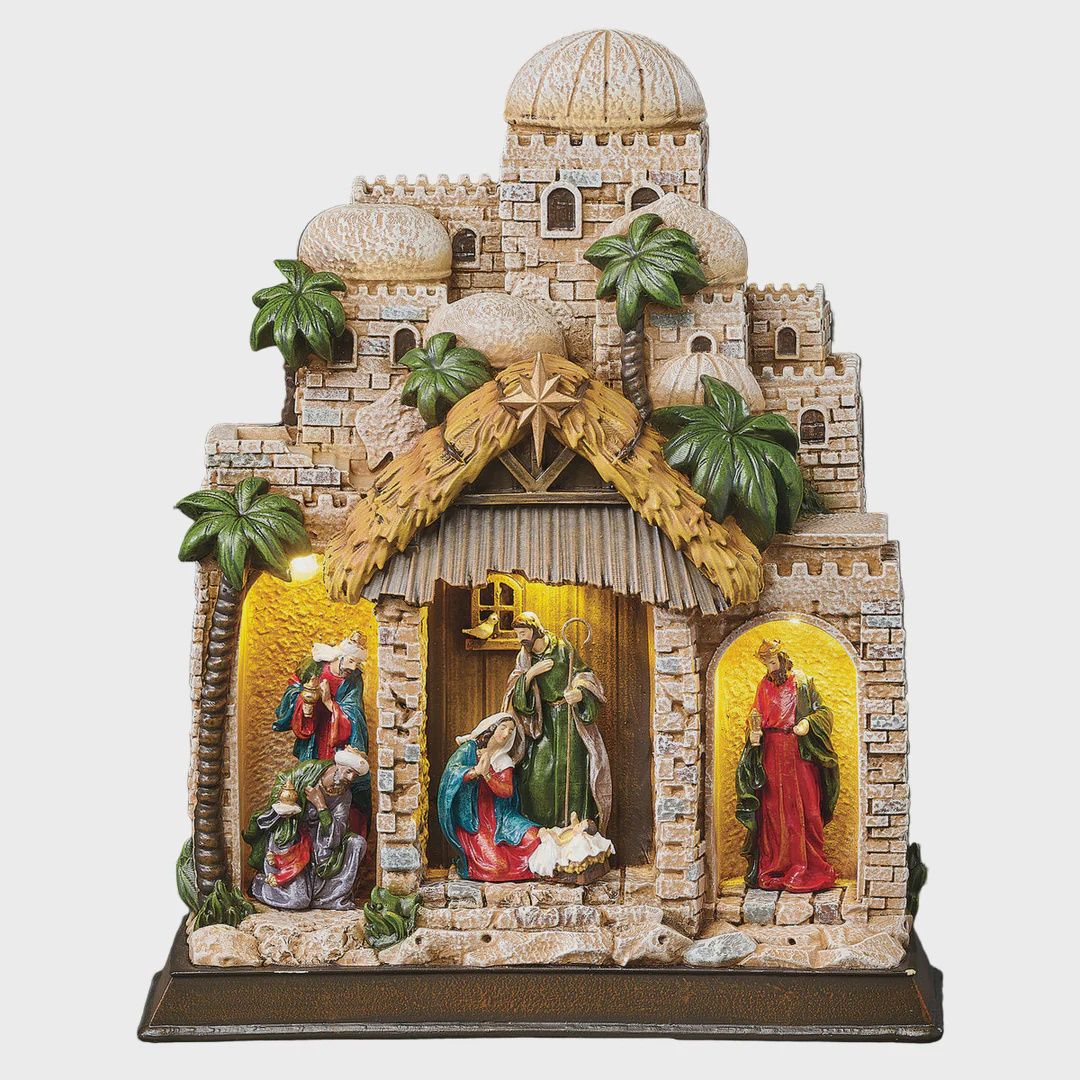 11" Lighted Nativity in Town Scene
